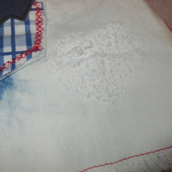 Y2K Funky Patchwork Jean Shorts Size 11 32 Cut Offs Gems Distressed Hippie Artsy - Picture 10 of 11